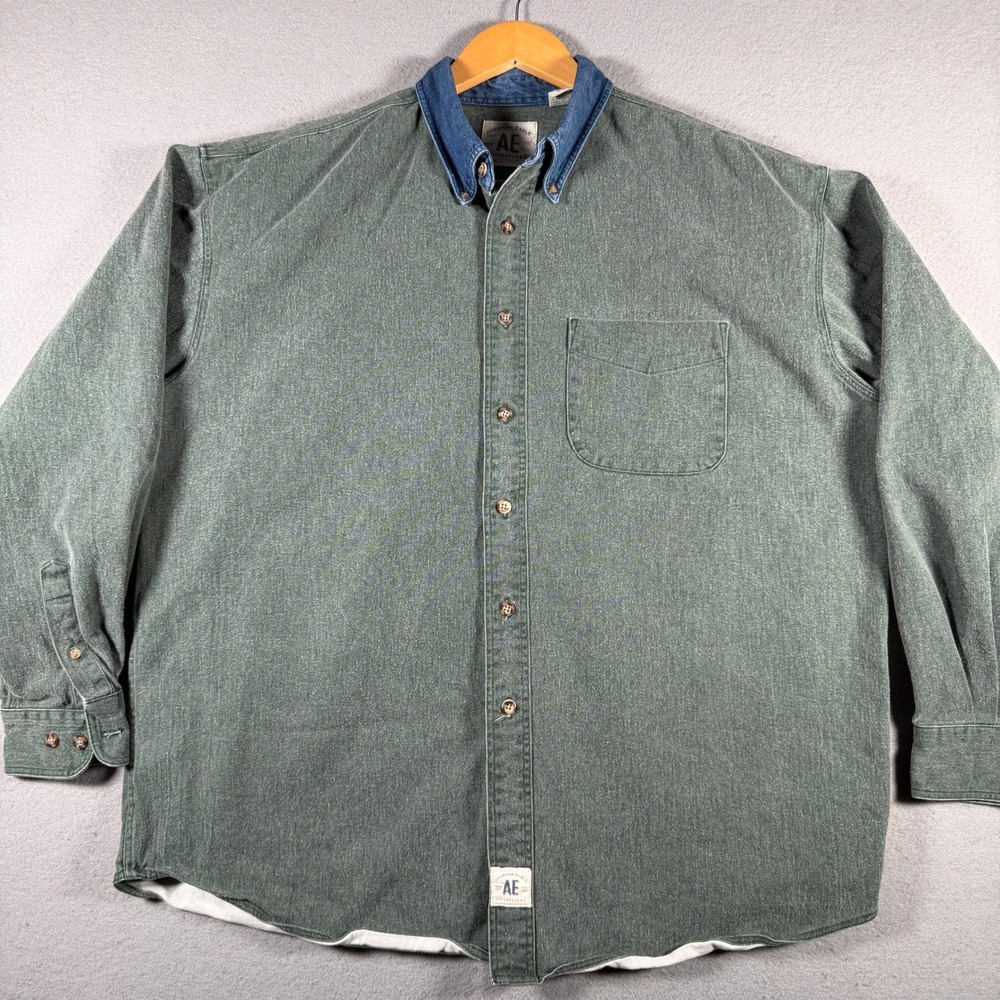 American Eagle Mens Large Green Denim Shirt Contrast Blue Collar Button Down L